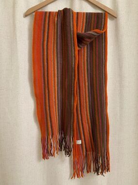 The Scarf Company Scotland 100% Lambswool Striped Fringe Scarf in Orange Multi